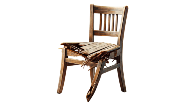 Damaged old wooden chair  isolated on transparent or white background