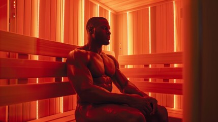 A muscular man sits on a wooden bench inside a red-lit sauna.