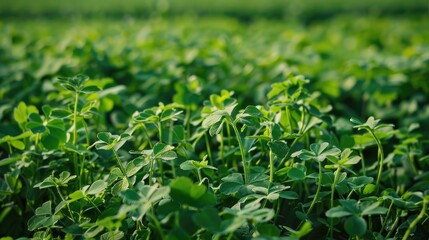Growing green clover and alfalfa crops in cultivated summer fields with swaying plants