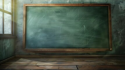 empty chalkboard in classroom with chalk dust and erasure marks concept illustration