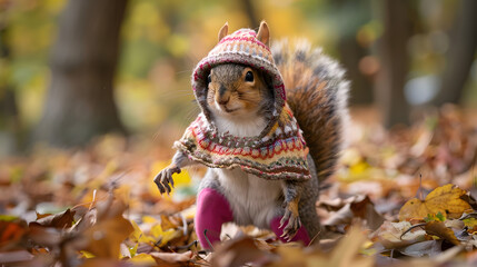 A charming little squirrel adorning a bygone bonnet. Geometric-patterned jacket. And pink joggers is standing on the leaves. full body shot 