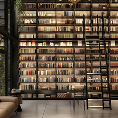 Fototapeta premium Efficient High-Shelf Access with Sliding Ladder in Small Spaces