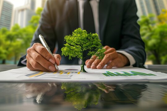 Businessman hand planning on environmental protection initiative for clean and sustainable future ecology.