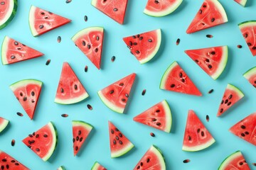 Seamless pattern with watermelons. Watermelon slices isolated on pastel blue background. Illustration painting