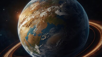 Earth revolving against a striking blue and black background.