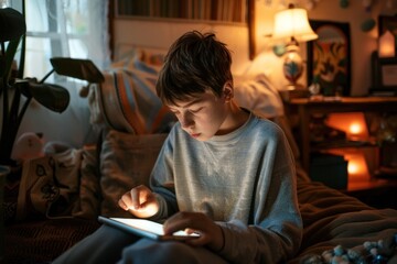 A young boy with autism enjoys a digital tablet in a cozy, warmly lit home environment, highlighting comfort and technology in daily life.