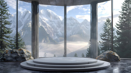 A circular podium in the center. surrounded by pine trees and rocks with mountain views outside the window 