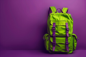 Lime green backpack is leaning against a vibrant purple wall