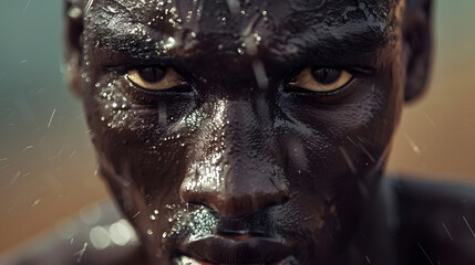 A close-up shot of an African male track and field runner with black skin. sweat running down his face 