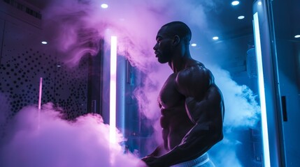 Obraz premium A muscular man stands in a cryotherapy chamber, surrounded by vapor.