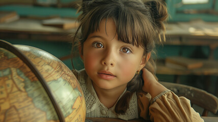 Curious little girl exploring the world with a vintage globe in a classroom setting