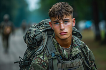 Young soldier wearing camouflage uniform and backpack standing at attention