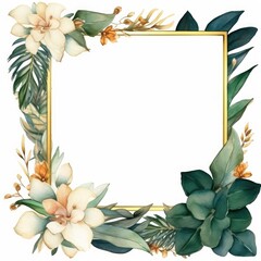 Botanical Floral Frame with Tropical Leaves and Flowers