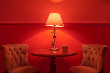 A cozy small table with a classic lamp and two upholstered chairs, set against a solid red background.