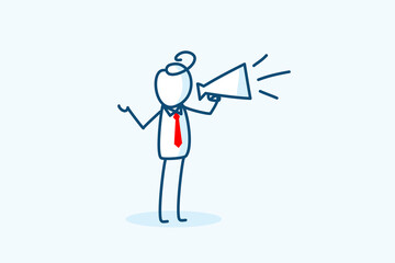 businessman stick figure character speaking through megaphone. salesman or manager using loudspeaker to spread news, sales, announcement and advertisement. hand drawn style vector doodle illustration