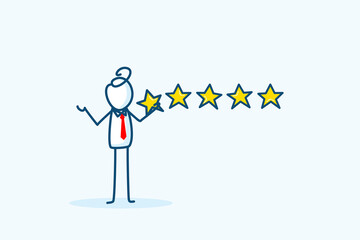 businessman stick figure character hold 5 stars rating. Customer feedback, best quality, excellence performance, positive business reputation satisfaction. hand drawn style vector doodle illustration