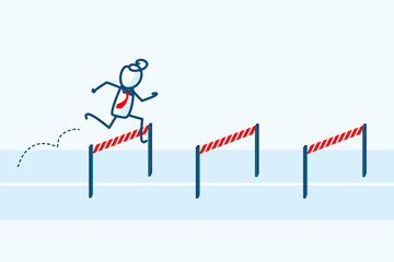 businessman stick figure character jumping overcome challenge obstacles to succeed in his work. motivation to solve problem and lead company achievement. hand drawn style vector doodle illustration