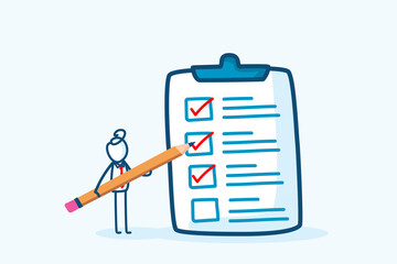 businessman stick figure character holding big pencil and completed business checklist on clipboard task. goal achievements, project checkbox or achievement list. hand drawn doodle illustration