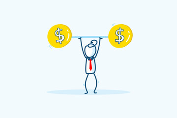 businessman stick figure character Lifting Up Coin Money Barbell with Dollar Sign. Investor and investment concept. hand drawn style vector doodle illustration