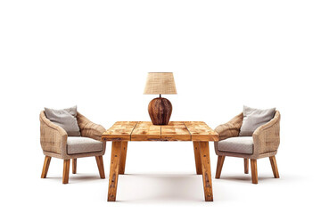 A cozy wooden table with a rustic lamp in the center, accompanied by two comfy chairs, all elements fully visible against a solid white background.