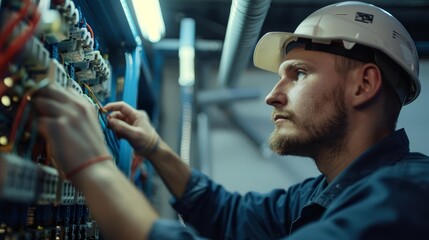 focused electrical technician professional working on switchboard with fuses in workshop industry