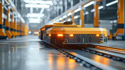 Closeup of an automated guided vehicle AGV transporting goods cuttingedge technology realistic Composite Logistics center setting superrealistic photography