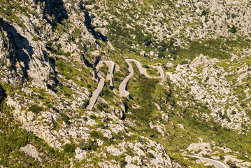Sa Calobra road zigzagging within Tramontana mountains, in the west coast of Majorca, Balearic Islands, Spain 