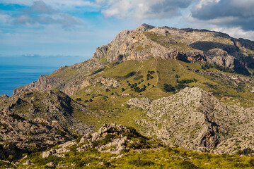 Spectacular view of Puig Roig mountain within Sierra de Tramontana mountain range, west coast of Majorca, balearic Islands, Spain