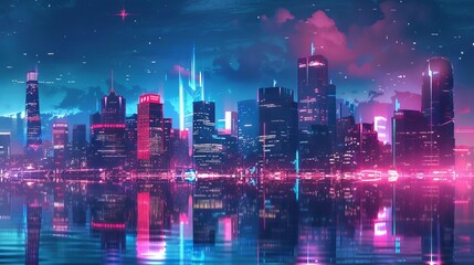 Fototapeta premium futuristic neon city skyline at night with glowing lights and reflections cyberpunk cityscape digital art