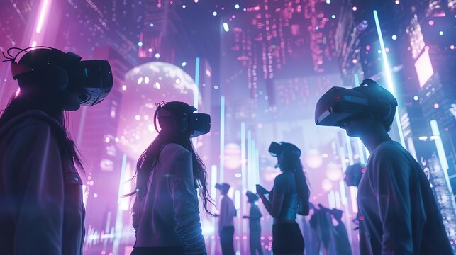 futuristic metaverse gatherings in immersive virtual reality social spaces digital community concept