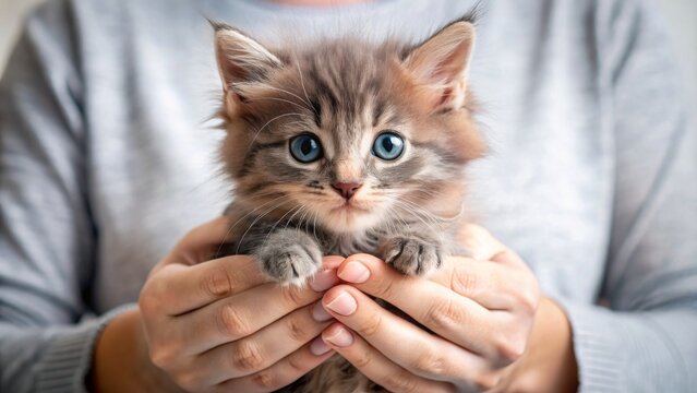 Gray Kitten Cradled in Caring Hands