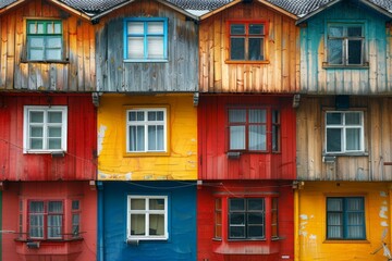 Colorful wooden houses with vibrant paint, featuring windows and rustic textures. Perfect for themes of architecture, urban, and creativity.