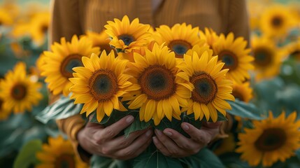 Fototapeta premium Person holding a vibrant bouquet of sunflowers, surrounded by a lush field of blooming sunflowers on a sunny day.