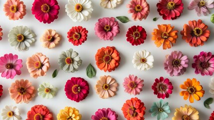 Top view of colorful zinnias arranged in rows on a white background, showcasing diverse vibrant blooms in an artistic floral pattern.