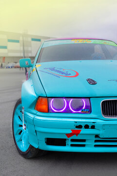 Russia, Novosibirsk, 25.05.2024 Midday, Drift BMW e36 in blue color with tuning