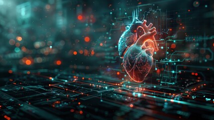 Obraz premium 3D rendered heart hologram over circuit boards