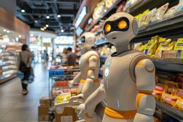 Robots assisting customers in a supermarket, showcasing automation in retail with futuristic design.