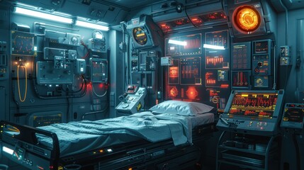 Futuristic medical pod in spaceship interior