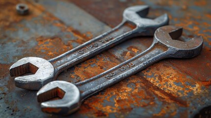 Three Rusted Wrenches Laying on a Rusty Metal Surface