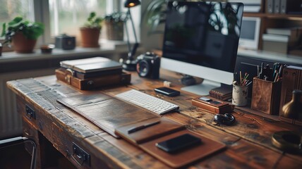 Rustic office desk with modern computer setup and natural light