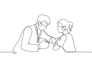 male medic giving a vaccination in the shoulder to a woman - one line art vector. concept of men in medicine, vaccination for women