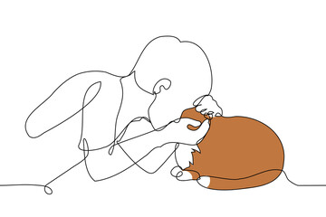 male cat lover petting ginger cat - one line art vector. concept man petting cat pet