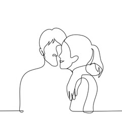 man hugging smiling woman closer - one line art vector. concept man and woman in happy relationship, opposite sex friends hug