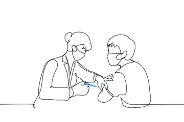 female medic giving a vaccination in the shoulder to a man - one line art vector. concept of women in medicine, vaccination for men