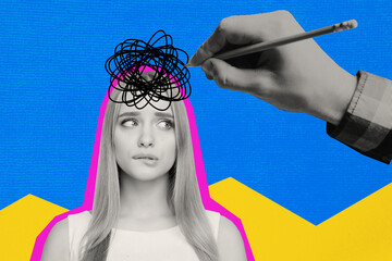 Trend artwork sketch image composite collage of silhouette young sad woman suffer headache migraine...