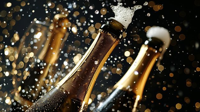 Celebration vibes with popping champagne bottles and clinking glasses