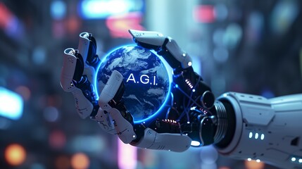 Artificial General Intelligence abstract concept. AGI evolution, quantum computing, advanced intelligence, AI, ML, IoT. Robotic hand holding the Earth globe, technology power supremacy, tech progress