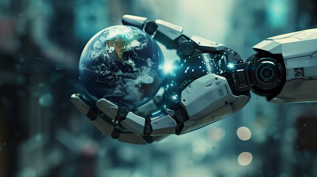 Artificial General Intelligence abstract concept. AGI evolution, quantum computing, advanced intelligence, AI, ML, IoT. Robotic hand holding the Earth globe, technology power supremacy, tech progress