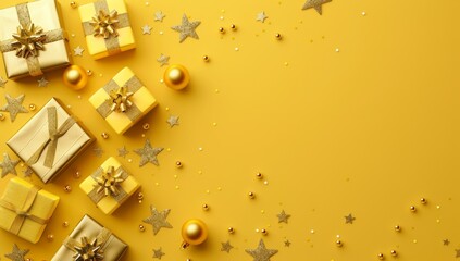 Fototapeta premium A festive yellow background is decorated with shiny golden gifts, stars, and ornaments, perfect for Christmas and New Year celebrations. Ideal for holiday decorations with elements of joy and luxury