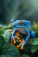 Obraz premium A frog with orange legs and a blue body is sitting on a leaf